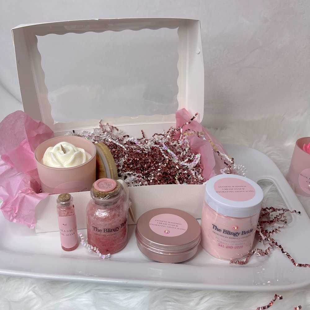 “PAMPER ME” Gift Box Rose Soy Candle, Shaving Balm/Cream Soak,Rose Salt Soak